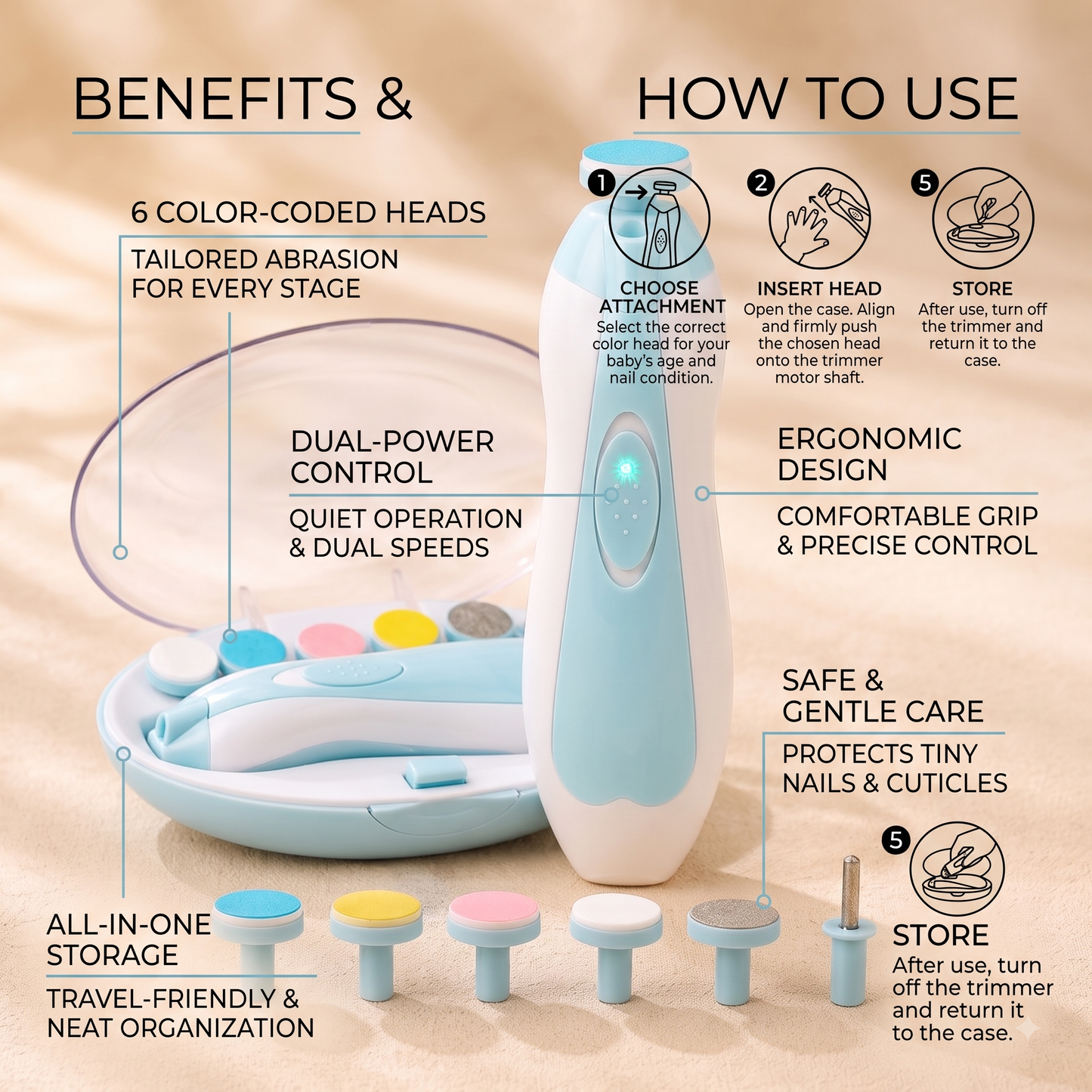 Electric Baby Nail Trimmer — 6-in-1 Safe Nail File for Newborns